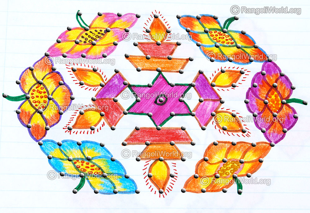 Flower deepam star kolam april14 2015 with dots